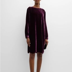 Eileen Fisher Long Sleeve Velvet Shift Dress Maroon Bordeaux Knee Length M S